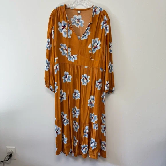 Old Navy Empire-Waist Split-Neck Floral Midi Dress Mustard Floral Tiered Size XL - Picture 3 of 15